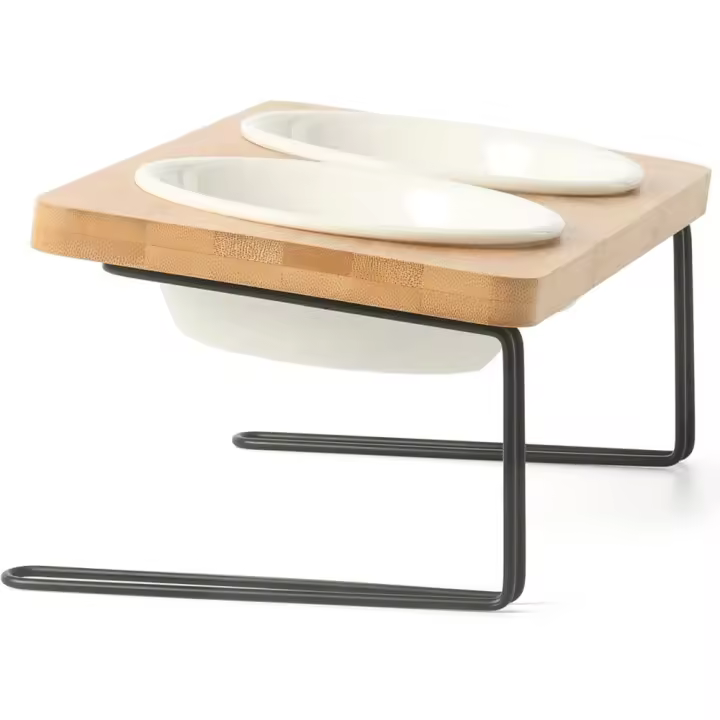Comedero Elevado para Gatos Comedero Inclinado de 15° con Soporte Antideslizante de Bambú y Metal - 1