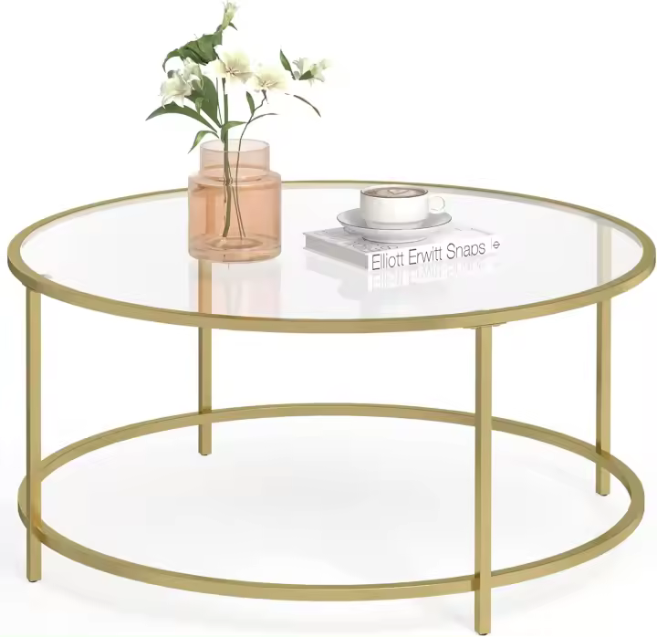 Mesa de Centro Redonda, Mesa de Cristal con Marco de Acero, Mesa de Salón, Mesa de Café, Dorado LGT21G - 1