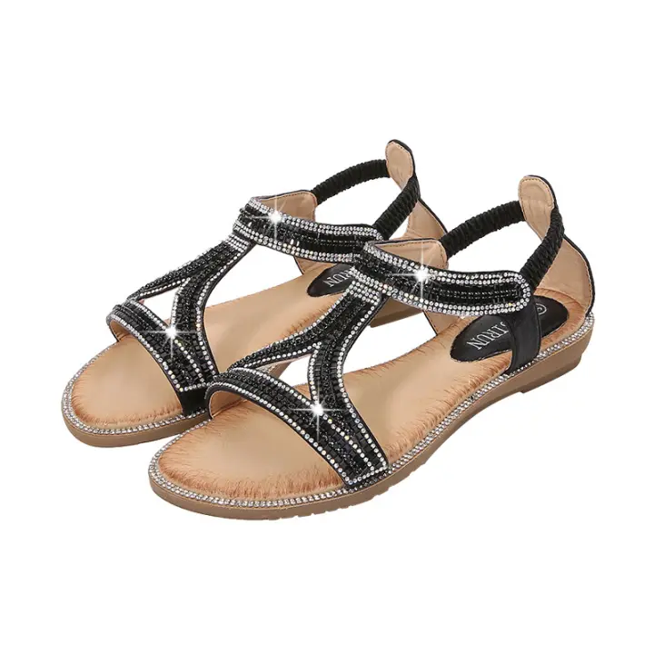 Elegantes Sandalias de Mujer Bohemias con Diseño de Escritura de Cristal Punta Redonda Plana - 1