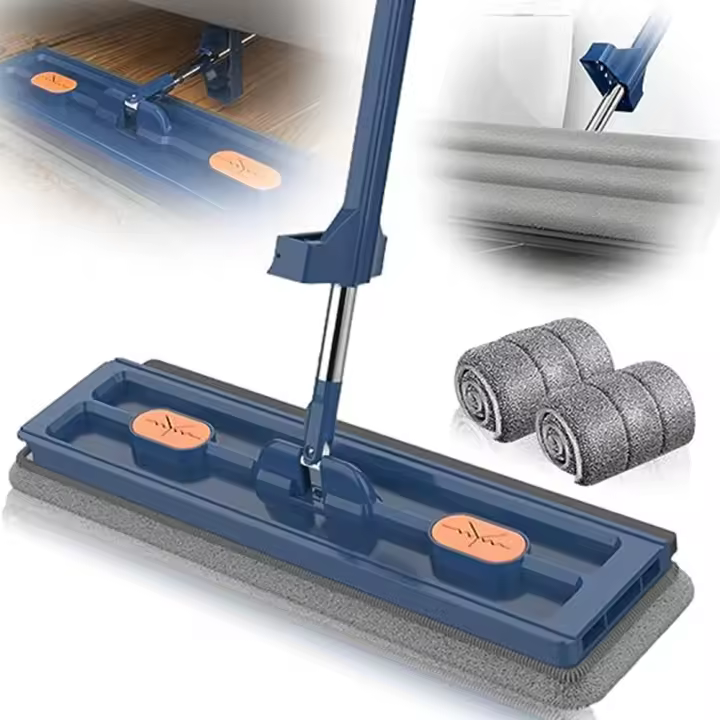 Juego de Fregona Plana de 360 Grados Herramienta de Limpieza de Superficies Grandes con Mango de Acero Inoxidable de 137cm de Largo 2 Piezas de Tela - 1