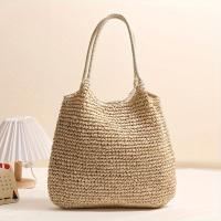 Bolsa de mano tejida de capacidad, estilo informal de vacaciones con correas de hombro fijas, cierre de cremallera, forro de poliéster, color sólido, ideal para viajes al aire libre, camping, compras diarias y almacenamiento - details 3