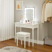 Mesa Tocador, Mesa Maquillaje con Taburete Tapizado, Espejo, 10 Bombillas Regulables Iluminación, 2 Cajones Grandes con Tablero Vidrio Templado, 2 Cajones Pequeños, Blanco - details 1