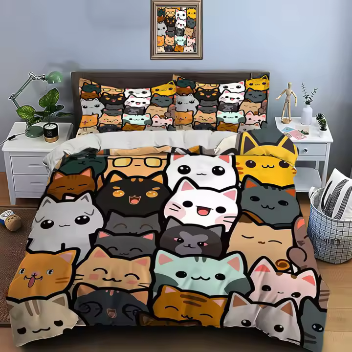 Juego de Ropa de Cama de Gatos de Poliéster de Lujo Conjunto de Funda de Edredón, Funda de Almohada 2, Accesorios de Dormitorio para Adultos y Niños - 1