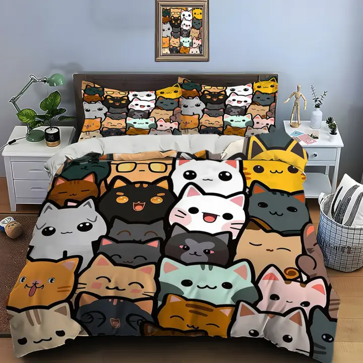 Juego de Ropa de Cama de Gatos de Poliéster de Lujo Conjunto de Funda de Edredón, Funda de Almohada 2, Accesorios de Dormitorio para Adultos y Niños - 1