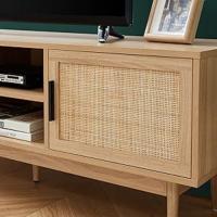 Mueble para TV, 130 cm, canaje real, madera, pasacables cables, almacenamiento, salón, comedor, beige
