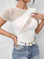 Nueva camiseta de manga corta con empalme de red, tops delgados para mujeres - details 3