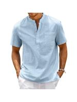 Camisa De Algodón Y Lino Para Hombre Estilo Casual Vintage Con Bolsillo Y Cuello Henley Camiseta De Color Sólido Para Playa Y Calle - details 5