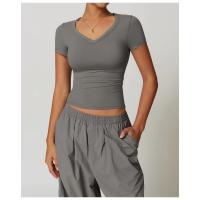 Top corto de manga corta con cuello en V para mujer, camiseta ajustada de yoga, camiseta deportiva de alta elasticidad, top de fitness - details 7