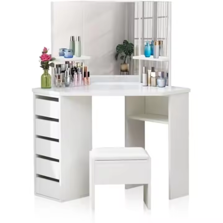 Tocador de Maquillaje Esquinero Trilateral sin Luz LED, 114 * 60 * 140cm Mesa de Tocador y Taburete con 5 Cajones 2 Estantes, Tocador Cosmético Blanco para Dormitorio - 1