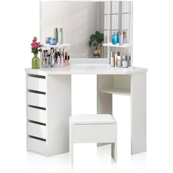 Tocador de Maquillaje Esquinero Trilateral sin Luz LED, 114 * 60 * 140cm Mesa de Tocador y Taburete con 5 Cajones 2 Estantes, Tocador Cosmético Blanco para Dormitorio - 1