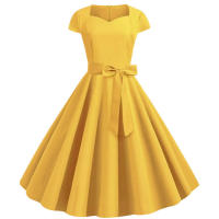 Vestido de fiesta de verano para mujer con cuello cuadrado sólido y cinturón - details 17