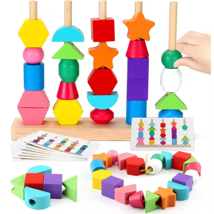 Juguetes de construcción de madera montessori para aprendizaje de niños: Fine Motor Skill Stacking Toys de Feliz en forma de cuentas - 1