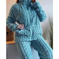 Conjunto De Pijamas De Dos Piezas Para Mujer, Conjunto De Top Y Pantalones De Manga Larga Con Cuello Levantado Texturizado De Jacquard Y Cremallera, Grueso Y Cálido, Otoño - details 3