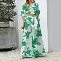Conjunto informal de moda para mujer, Top corto con manga acampanada y cuello en V, pantalones de pierna ancha de cintura alta, primavera/verano - details 5