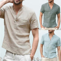 Novedad de verano, superventas, camiseta de algodón y cáñamo para hombre, camisa de manga corta sencilla semiabierta con botones y cuello levantado - details 0