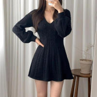 Vestido corto de punto para mujer, prenda elegante de manga larga con cuello de pico, ajustado, color negro, novedad de invierno - details 23