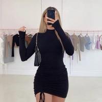 Vestido ajustado fruncido de manga larga para mujer, Mini Vestidos ceñidos con cuello alto, Vestidos de fiesta elásticos ajustados negros de otoño - details 0