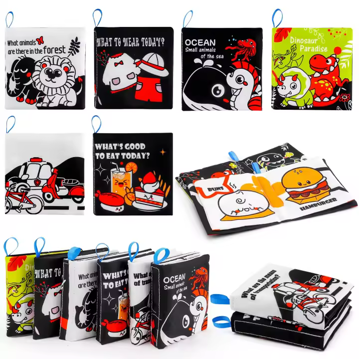 6 piezas Libro de tela blanco y negro, Libro de tela suave de primera calidad para bebés - 1