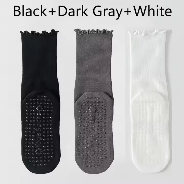 3 pares de calcetines de yoga sólidos para mujer, calcetines de yoga transpirables de algodón a media pantorrilla, calcetines deportivos antideslizantes con volantes para el suelo - 1