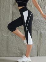 Leggings de yoga con bloques de color para mujer, cintura alta, patchwork, hasta la pantorrilla, pantalones deportivos elásticos para correr - details 2