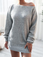 Vestido de suéter suelto de manga larga con cuello oblicuo para mujer, Mini Vestidos de punto casuales, Color sólido, Otoño e Invierno - details 5