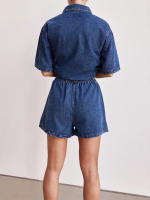 Trajes de verano para mujer, camisa de manga corta con botones de mezclilla de Color sólido y pantalones cortos elásticos, ropa de calle para discoteca, ropa de moda - details 7