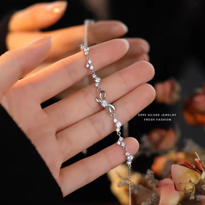 S999 Pulsera con lazo de circón brillante, joyería de plata pura, ligera, versátil, elegante y dulce para chica - 1