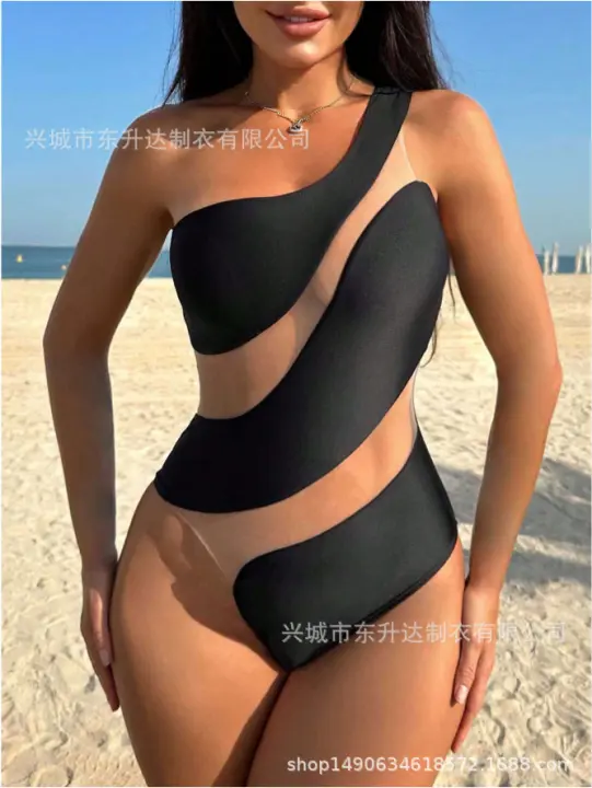Nuevo bikini de traje de baño de una pieza de un solo hombro con empalme de malla ajustada sexy de Dongshengda - 1
