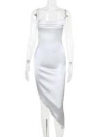 Nuevo vestido largo ajustado de satén con tirantes informales irregulares de estilo europeo y americano para mujer - details 5