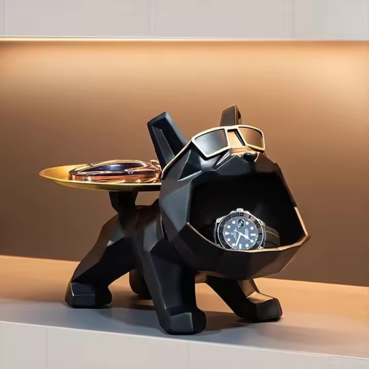 Escultura de Bulldog de Resina Figura Decorativa para el Hogar con Bandera de Llaves y Joyas - 1