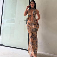BUNO-Conjunto de 2 piezas con estampado sexy para mujer, impresionante camiseta hipster con cuello halter y escote elegante, faldas largas de cintura alta, traje de medianoche para mujer - details 1