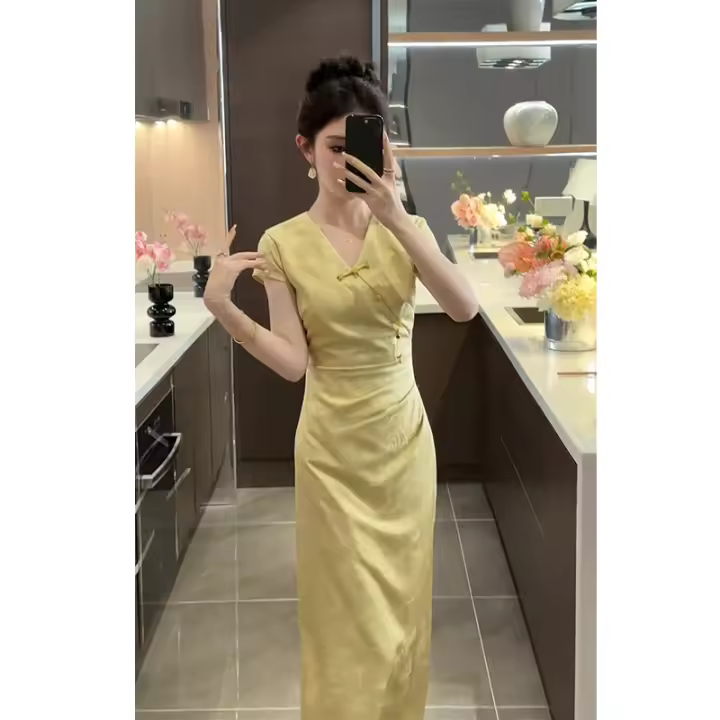 Nuevo estilo chino cheongsam mejorado, estilo francés joven, vestido amarillo claro exquisito y de alta gama para socialité, verano - 1