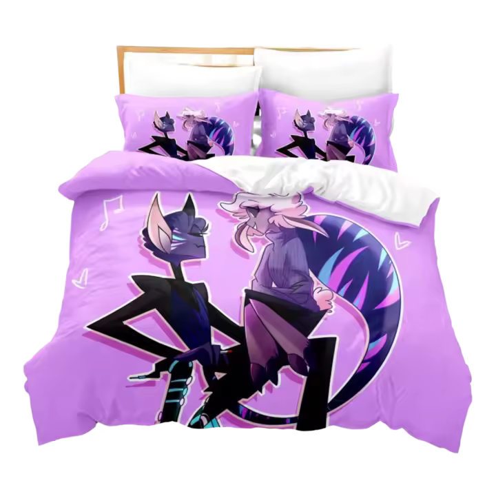 Juego de cama de Hotel Hazbin de dibujos animados a la moda, juego de funda nórdica con funda de almohada, ropa de cama doble, tamaño Queen y King, textiles para el hogar - 1