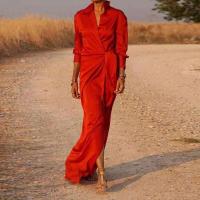 Casual Oficina solapa cuello en V Maxi primavera mujeres manga camisas sólidas vestido elegante señora encaje hasta Split vestidos largos delgados - details 0