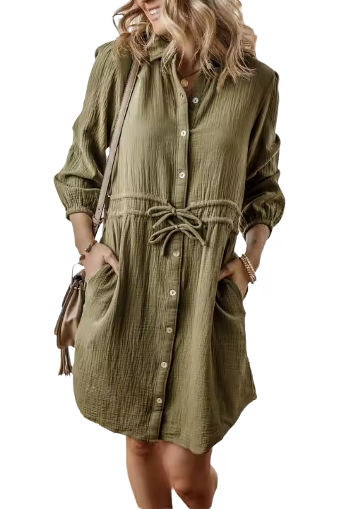 Elrachen Mini vestido con botones y cuello de manga con textura verde jungla para mujer, verde jungla, tallas S-XL - 1