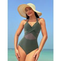 Traje de baño de una pieza 2025, traje de baño de bikini de malla de color sólido para mujer - details 9