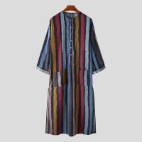 Ropa Árabe Para Hombres Kaftán Islámico De Algodón Con Rayas Traje Dubai Abaya Retro De Verano Y Otoño Estilo Casual - details 5