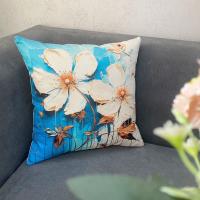 Funda De Lino Mezclado Con Flores Blancas, almohadas Azules Y Doradas De Estilo Crema, 4 piezas - details 3