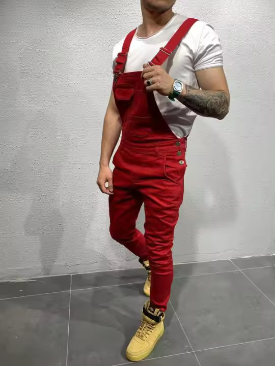 Pantalones vaqueros ajustados con tirantes de mezclilla para hombre, pantalones vaqueros de color liso para hombre - 1