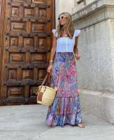 Faldas florales de calle de verano para mujer, cintura elástica, maxifalda con volantes, estampado Azul S - details 3