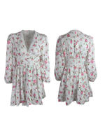 Women Summer Vintage Mini Dress Long Sleeve Floral Print Ruffles V Neck High Waist A Line Cocktail Dresses - details 4