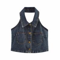 Chaleco Corto de Denim sin Mangas y espalda descubierta Top de Verano para Mujeres con Decoración de Bolsillo - details 1
