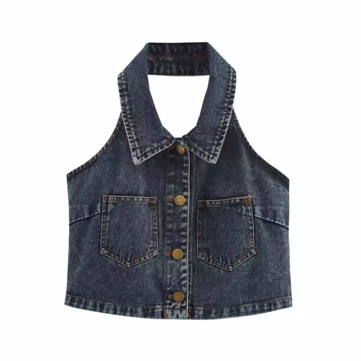 Chaleco Corto de Denim sin Mangas y espalda descubierta Top de Verano para Mujeres con Decoración de Bolsillo - 1