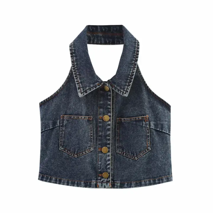 Chaleco Corto de Denim sin Mangas y espalda descubierta Top de Verano para Mujeres con Decoración de Bolsillo - 1