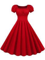 Summer women puff sleeve casual vintage party solid elegant midi dress - details 1