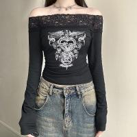 Camiseta de manga larga con hombros descubiertos y estampado de primavera y otoño para mujer - details 1