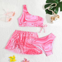 Traje de Baño de Cintura Alta con Hombro Único para Niñas Estampado de Ondas - details 1