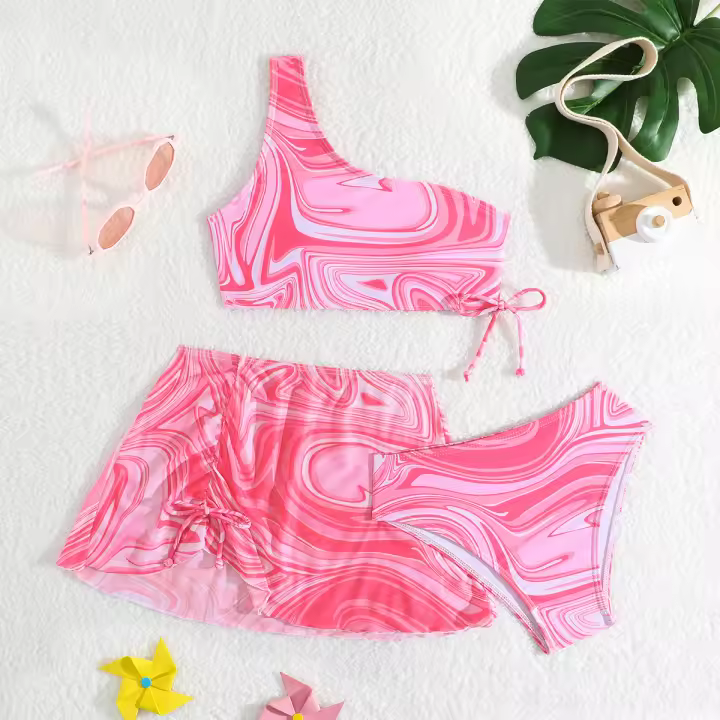 Traje de Baño de Cintura Alta con Hombro Único para Niñas Estampado de Ondas - 1