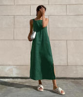 Vestido de tirantes divididos sueltos de algodón verde de nuevo estilo de verano para mujer - details 6