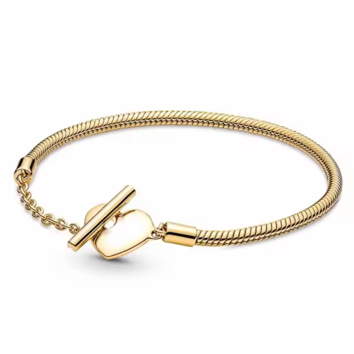 Pulsera de cadena de serpiente con cierre en forma de corazón y momentos de brillo en oro de 14 quilates - 1